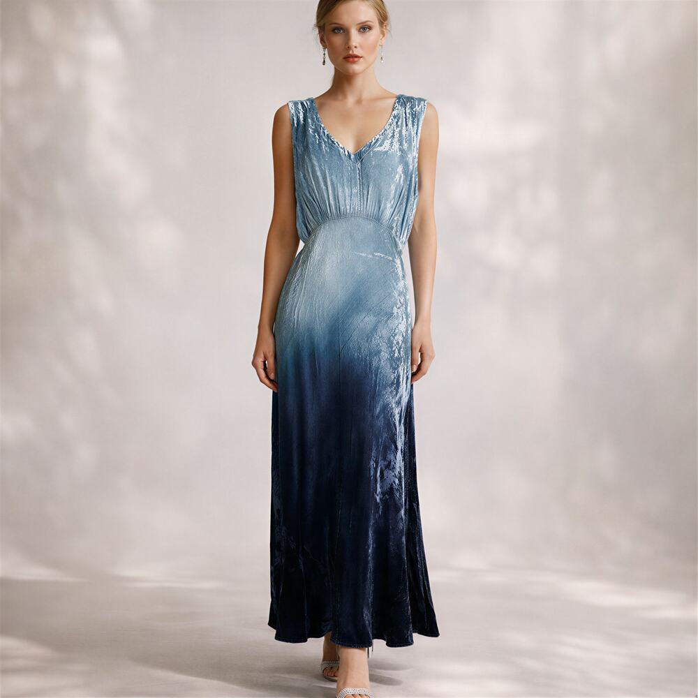 Nostalgia Vintage Ombre Crushed Blue Velvet Maxi Dress Womens L 90s Whimsigoth